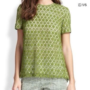 Tory Burch Linda Women's Leaf Green Lace Short-Sleeve Top Size L, Lined